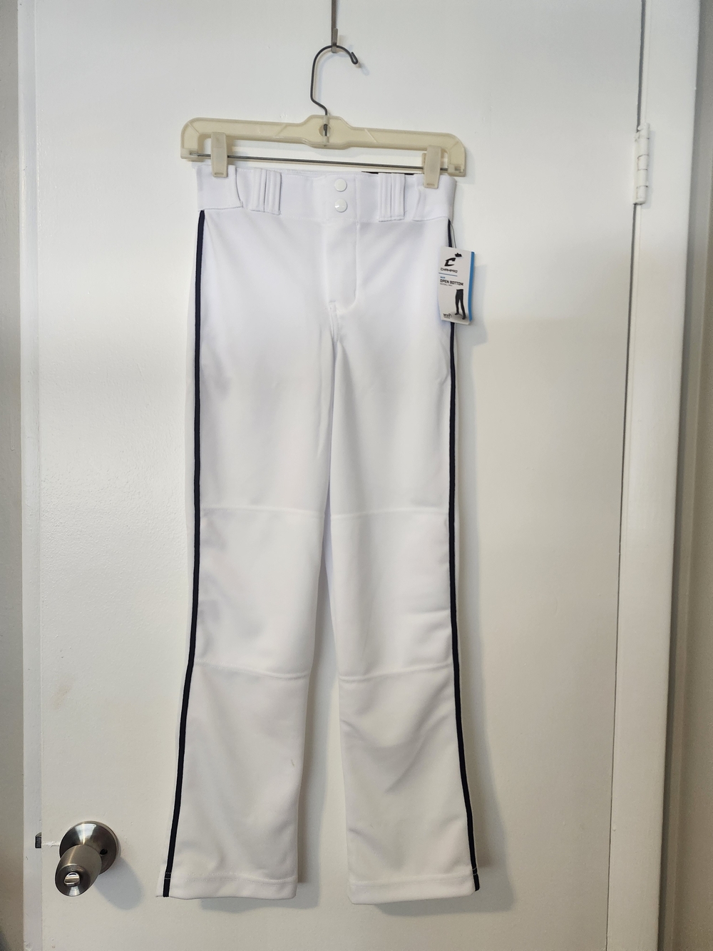 NWT White Kids MVP Open Bottom Baseball Pants with Navy Side Stripe